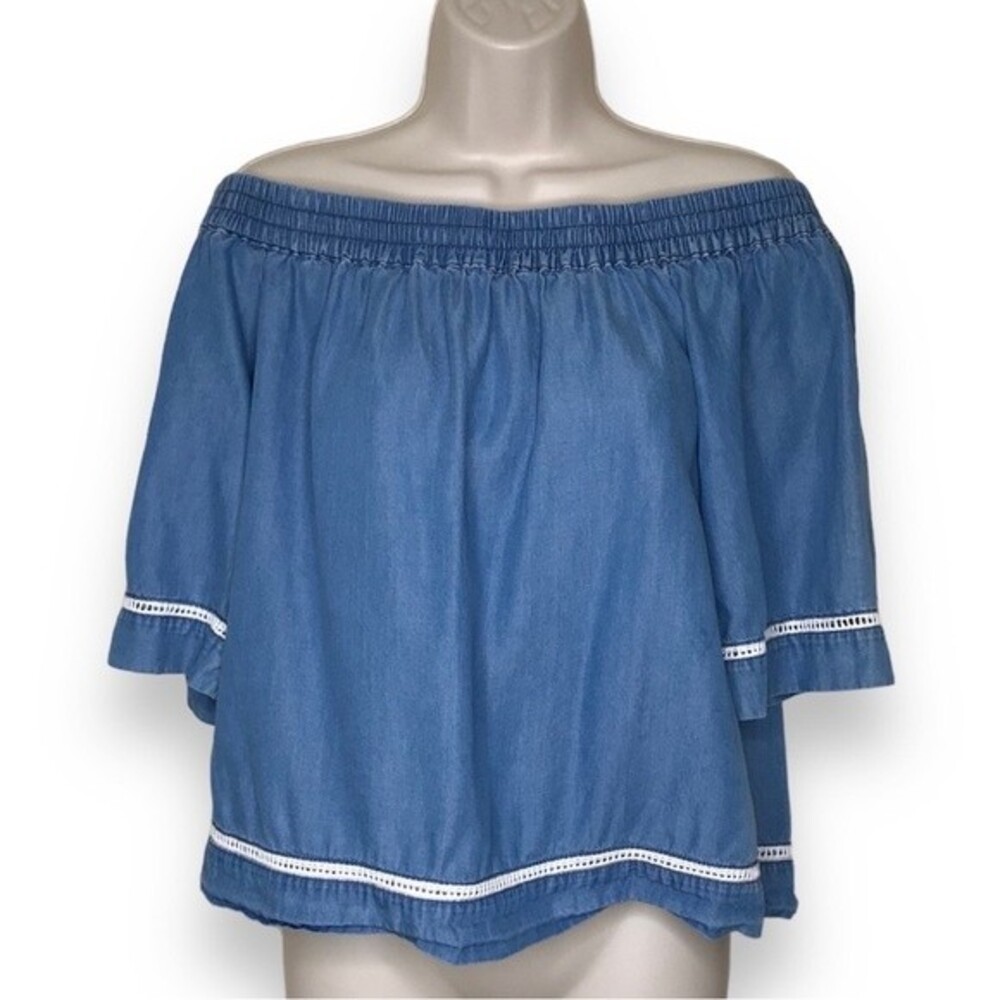 Alya Chambray Blue Off Shoulder Crop Lyocell Lace Trim Top Womens Size Medium